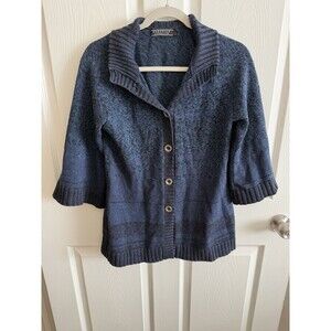 Peruvian Connection Blue Stripes Knit Cardigan Sweater S Pima Cotton Cottagecore